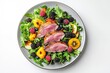 © Mitin - Gourmet salad with smoked duck fillet, fruit and berries, arugula and lettuce, white table background