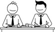 © Kibria - Two cartoon businessmen in suits and ties sitting at a table looking forward with blank faces representing a meeting or interview