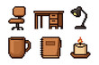 © David - Pixel art representation of an office setup featuring a chair, desk, lamp, mug, notebook, and lit candle in a grid arrangement.