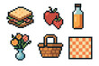 © David - Pixel art illustration featuring a sandwich, strawberries, a bottle of juice, a vase with flowers, a picnic basket, and a checkered napkin.