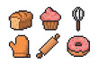 © David - Pixel art icons of various baking items including a loaf of bread, a cupcake, a whisk, an oven mitt, a rolling pin, and a donut with pink icing.