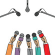 © Sojib - Hands holding microphones for press conference, colorful flat media event vector illustration