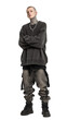© Thumbs - Fashion model showcases casual streetwear against clean white background in studio setting