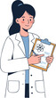 © OKAN - Female scientist holding clipboard with atomic symbol in white lab coat vector illustration
