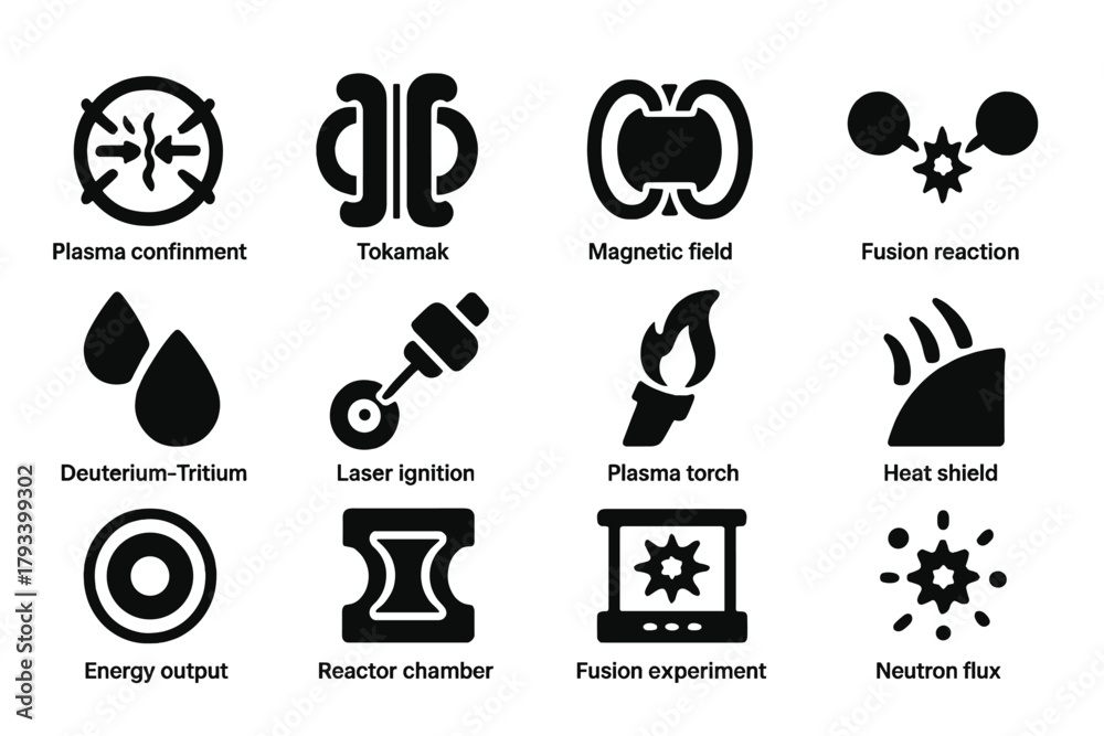 Nuclear Fusion Icons. Solid style icons of nuclear fusion: plasma ...