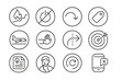 © Александр Михайлюк - Startup Journey Icons. Line style round icons of startup failure and resilience: burn chart, shutdown icon, bounce back arrow,