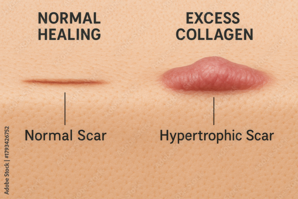 Hypertrophic scar vs normal scar comparison diagram on skin. medical ...