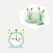 © Yuliya - Cute alarm clock dreaming of peaceful pond with lily and reeds