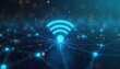 © miss irine - Blue wifi icon abstract illustration. Digital network connection concept. Wireless signal data transfer backdrop. Technology wallpaper glowing with sparkles. Telecoms industry trends. Modern tech