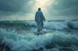 © miss irine - Back view of person in robe walking across sea during storm. Barefoot figure on water. Image represents faith. Divine power and spiritual journey. Turbulent waves and stormy sky add drama.