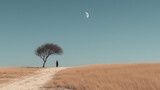 Minimalistyczny, pustynny krajobraz z małym, bezlistnym drzewem i samotną postacią na ścieżce. Duży błękit nieba z widocznym półksiężycem. Spokojna paleta barw.