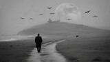 Czarno-białe zdjęcie przedstawiające samotnego mężczyznę idącego ścieżką w kierunku zamku na wzgórzu, w tle duży księżyc i stado ptaków. Mglisty, dramatyczny klimat.