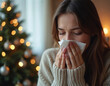 © miss irine - Woman holding tissue blowing nose near Christmas tree at home. Lady with cold has flu symptoms during New Year holiday. Sick female person feeling unwell during festive season.