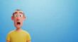 © Irina - Surprised man with shocked expression and yellow shirt on blue background. Cartoon character displays emotion with wide-open eyes and mouth in surprise.