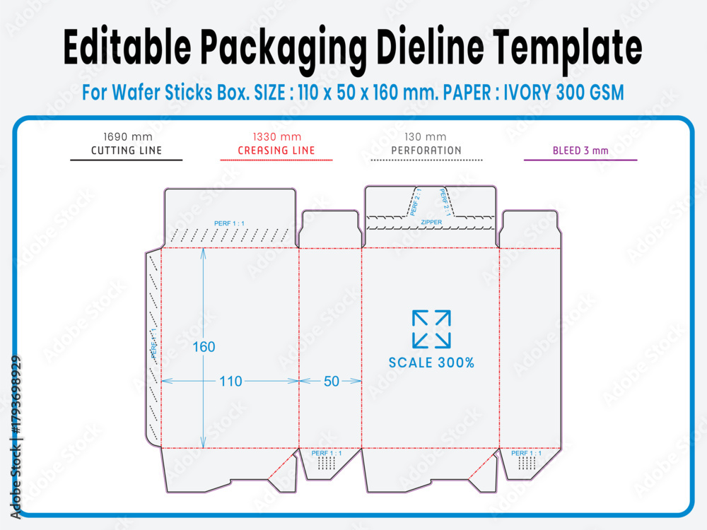 Editable packaging dieline template for wafer roll box. Real dimensions ...