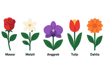  Set of colorful flower illustrations with Indonesian names Rose Jasmine Orchid Tulip Dahlia.