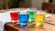 © ibhonk - Four small glasses filled with brightly colored beverages sit on a wooden table outdoors