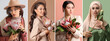 © Pixel-Shot - Collage with beautiful women holding protea flowers on clor background