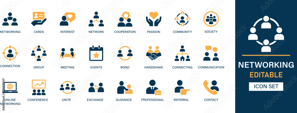 Networking icon set collection. Cards, interest, network, cooperation ...