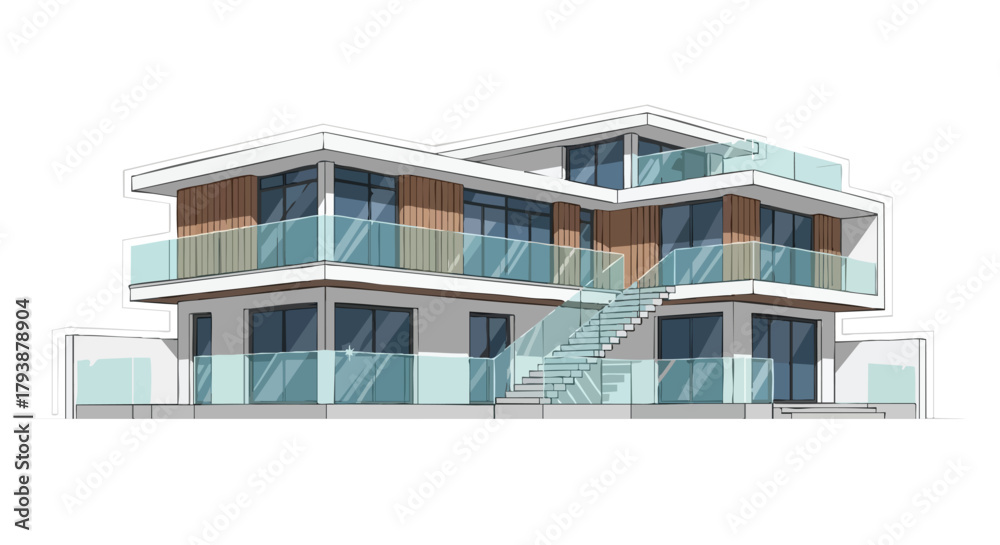 Architectural visualization: modern multi-story house with glass ...