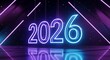 © XBRP.studio - A vibrant and futuristic digital illustration of the year 2026 in glowing neon letters, set against a dark background with purple and blue light reflections