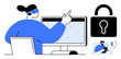 © robu_s - Woman wearing VR headset pointing at computer screen, emphasizing digital safety. Large lock icon and person using smartphone in corner. Ideal for cybersecurity, technology, VR trends, education