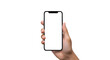 © Mudassar - Hand holding modern smartphone with blank white screen mockup isolated on white background.