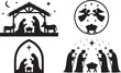 © Masud - Set of four silhouetted nativity scenes for Christmas showing Joseph and Mary, Wise men and angels at the crib of the Christ child, black and white vector illustration