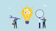 © Saklarboy - Businessman with magnifier with light bulb idea with cog wheels. Product development, research and optimize for development process to launch new product, project management or productivity.