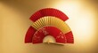© photohappy - Elegant display of traditional red and golden paper fans set against a shimmering celebratory gold background, perfect for the Lunar New Year holiday, wealth, good luck, festive