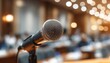 © hao - Conference microphone in blurred meeting hall. High quality