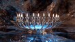 © ayu sulistyaningtyas - Silver Menorah, its candle flames burning with pure, cool blue energy, reflections in the polished surface show ancient desert starlight, chiaroscuro