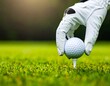 © CHOISH - 흰색 골프 장갑이 티 위에 골프공을 올려놓는 클로즈업 장면 Close-up of a golfer placing a golf ball on a tee with a white glove