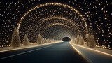 Christmas light tunnel shimmering with decorations and glowing trees