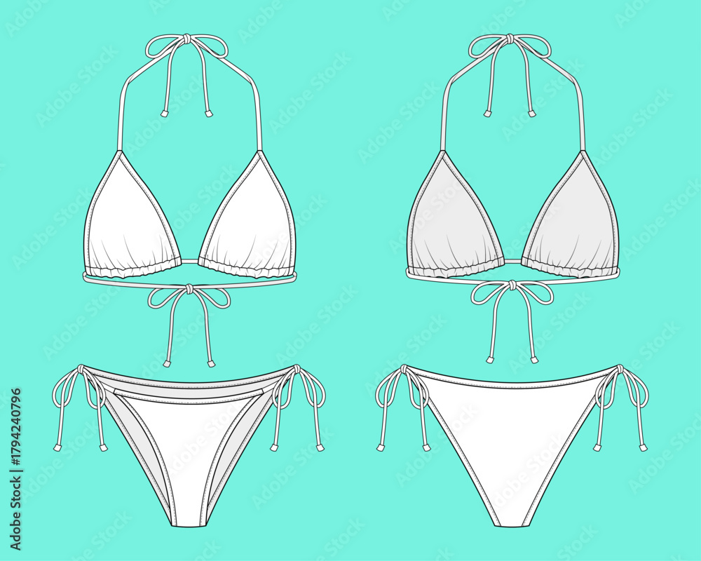 Women's Triangle String Bikini Set Technical Flat Sketch Front and Back ...