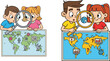 © Heyyy - Curious children exploring world maps with magnifying glasses, educational geography illustration showing global icons, learning concepts, discovery activity, colorful cartoon design