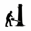 © Reni - vector silhouette of a worker cutting down a tree with a chainsaw