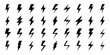 © Mityunjoy - Collection of black lightning bolt icons and symbols on a white background representing energy and power