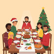 © Mas - A diverse family gathers around a festive Christmas dinner table, sharing a holiday meal together beneath a decorated Christmas tree, creating a warm and joyful scene.