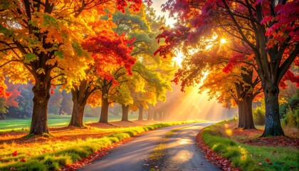  Scenic Country Road Through a Colorful Autumn Forest at Sunrise