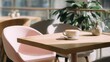 © Sergey - cozy minimalist corner, wooden table with latte, soft pastel chairs, greenery in the background, airy daylight, stylish and inviting