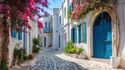  Traditional Mediterranean village street with whitewashed houses, bright blue doors, blooming bougainvillea, and cobblestone pavement under soft