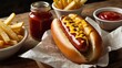 © tewpai - Gourmet hot dog topped with mustard and ketchup, fries sprinkled with sea salt, shot with soft natural lighting for an appetizing look.