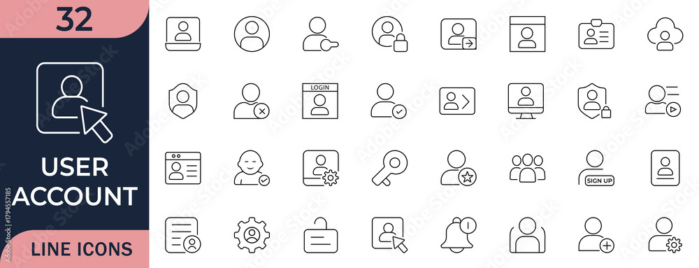 This user account line icon set.Includes profile, login, settings, ID ...