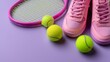 © liliyabatyrova - Bright pink tennis shoes sit next to a matching racket, while fuzzy yellow tennis balls roll nearby on a soft lilac background. This vibrant scene captures the excitement of playing tennis