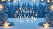 © NeuroCake - Happy Holidays greeting on a festive winter background. Snowy forest scene with glowing star ornaments and fir branches. Christmas and New Year celebration card