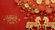 © Debashis - Happy chinese new year 2026 greeting with two horses and floral decoration on red background