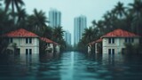 A tranquil scene of flooded houses surrounded by palm trees, with skyscrapers in the background, capturing the impact of rising water levels.
