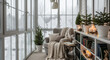 © MM - zoom background Cozy winter retreat, armchair, books, candles, and snowy window view