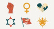 © GJ - Collection of diverse icons representing social movements, unity, and empowerment, with symbols.